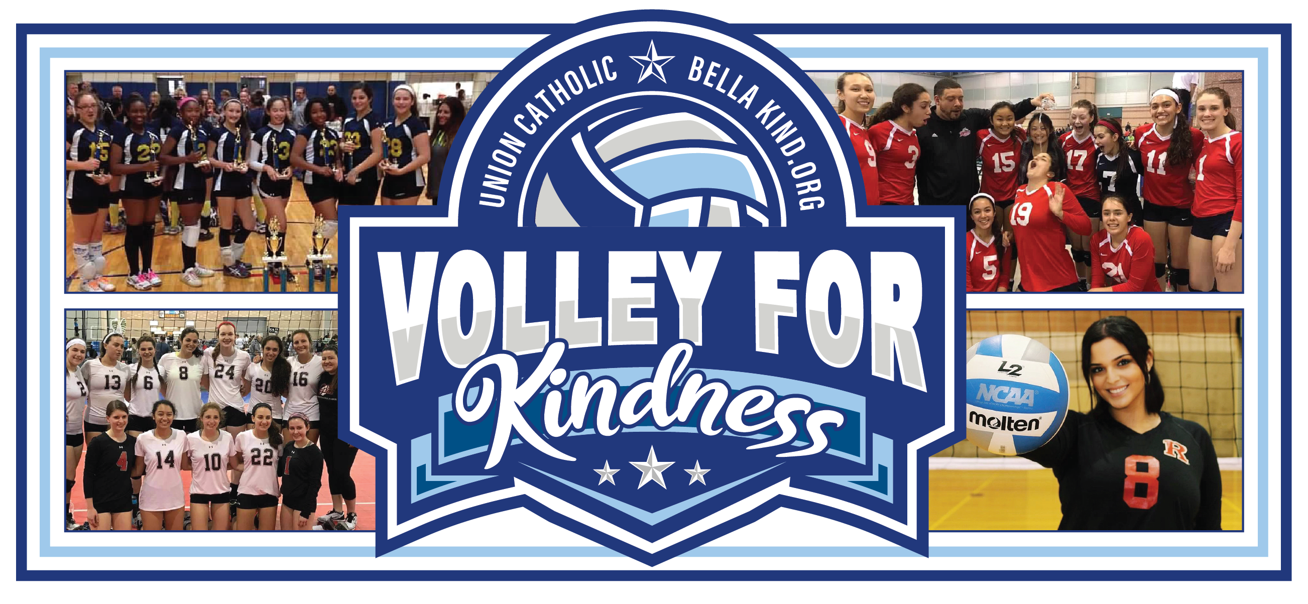 Volley For Kindness Logo. Behind the logo are 4 photos of volleyball teams that Bella Giacobbe was on. There is a light blue and dark blue outline surrounding all of this.